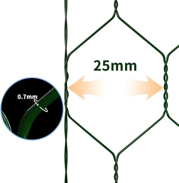 Hexagonal Net, 1m Højde, 25m Længde, Net Bredde 25 mm, PVC Belagt, Fleksibel Design
