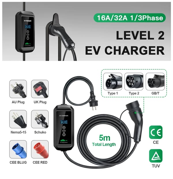Bærbar EV-lader, justerbar strøm 6-16A, 3,6KW effekt,F1-T2-3,6KW, TYPE2