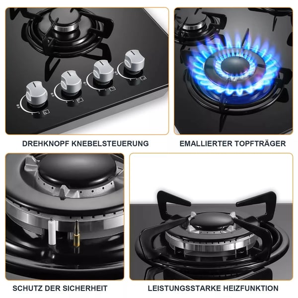 Indbygget gaskogeplade, fire brænderdesign, glat keramisk glas, dual brændstofkapacitet.