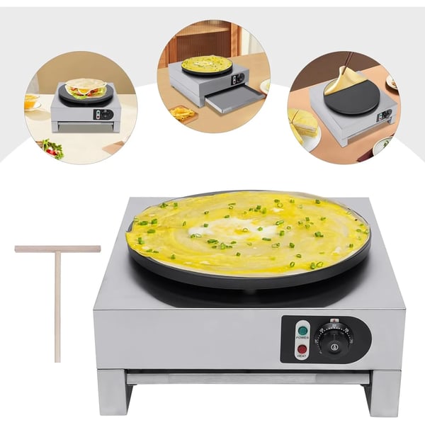 Elektrisk Crêpe Maker, 40 cm Diameter, Justerbar Temperaturinterval, Non-Stick Overflade,GRÅ