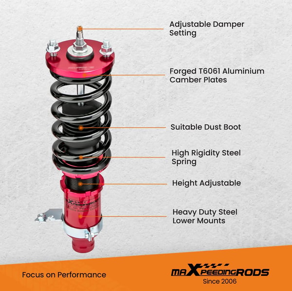 Coilover affjedringskit, 24 klik justering, justerbar højde 1-3 tommer, kompatibel med kompakte biler 92-00, forreste fjederhastighed 8 kg/mm
