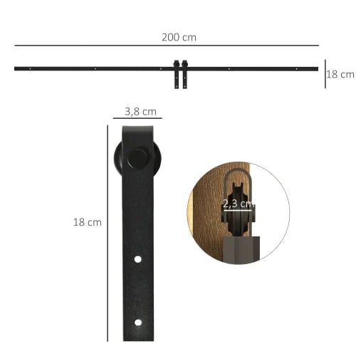 Skjutdörrsbeslag, Kolfiberstålmaterial, 200 x 0,6 x 18 cm Dimensioner, Maximal belastning 20 kg, Dörrbredd 100 cm Kompatibilitet, Dörrtjocklek 35-45 mm Kompatibilitet