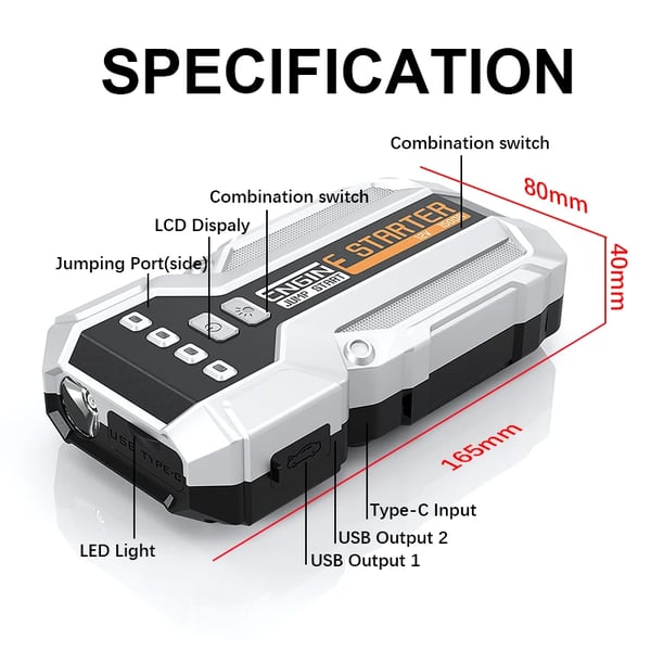 Bil Jump Starter, Bærbar Power Bank, Nød LED Lys,Brun