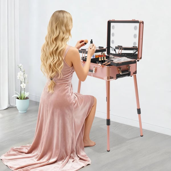 Makeup Train Case, Holdbar Konstruktion, Justerbar Højde,Rosen guld