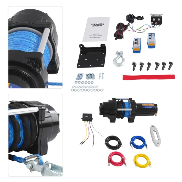Elektrisk vinsch, 4500 lbs dragkapacitet, 12V spänning, 15m rep längd, nylonmaterial, vikt 10,45 kg
