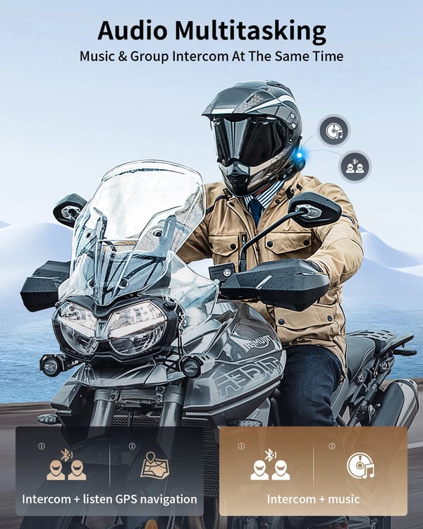 Motorcykel Intercom, 2000 Meter Räckvidd, Stöder 8 Åkare, Bluetooth 5.0, FM Radio Funktionalitet, 900 mAh Batteri