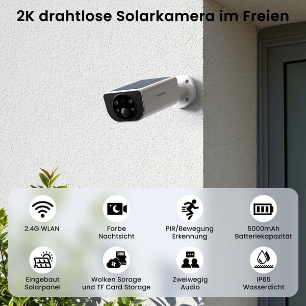 Trådløst sikkerhedskamera, 3MP opløsning, 2.4GHz WiFi-forbindelse, solcelledrevet, farve nattevision, bevægelsesdetektion