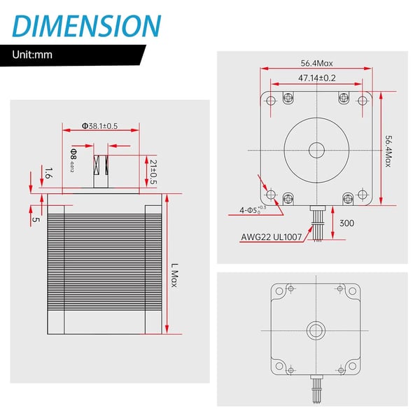 Stepper Motor, Holdende Moment 270 Oz-in, Dimensioner 57mm x 57mm x 76mm, Strøm 3A, Trinvinkel 1,8 grader, Fase 2