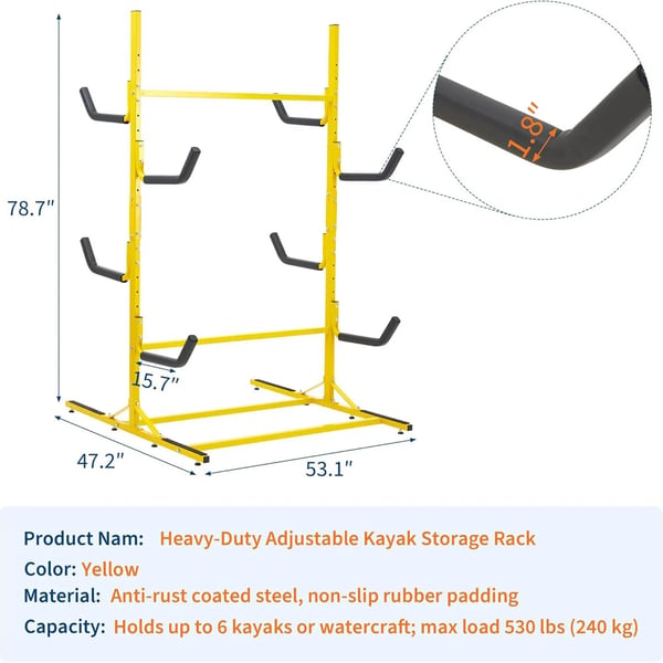 Kajakopbevaringsstativ, Heavy-duty stål, Justerbar højde,Gul