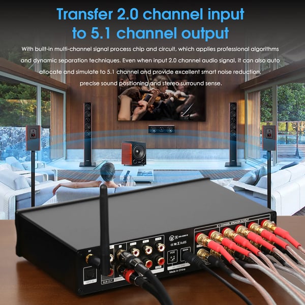 Bluetooth-modtager, 5.1-kanal, 50W pr. kanal, kompatibel med flere enheder, kompakt design, CE-certificeret