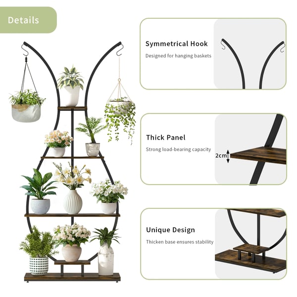 Vaseformet Planteholder, 5 Niveauer, Holdbar MDF og Metal Konstruktion,sort