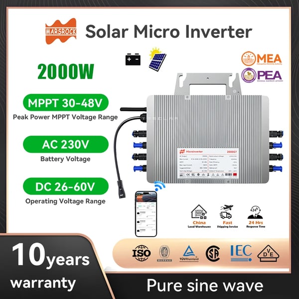 Mikroinverter, 2000W effektvurdering, IP67 vandtæt,DC 22-50V, Grænse og 1.5m kabel, AC 230V