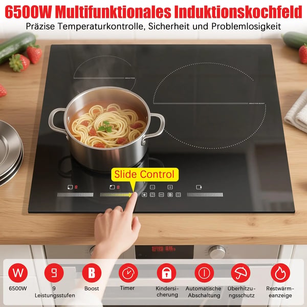 Induktionshäll, 3 Matlagningszoner, Boostfunktion,svart