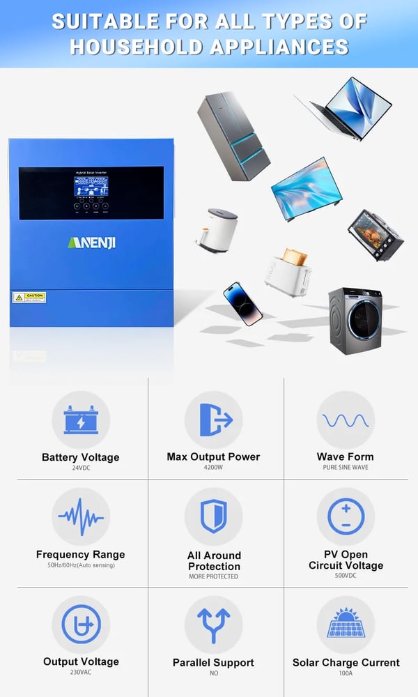 Hybrid sol inverter, MPPT-teknologi, ren sinuskurveudgang,220-240V, ANJ-4000W-24V-WIFI