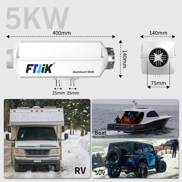 Diesel Parkervarmer, 5000W Effekt, Aluminium Materiale, Drejekontakt Kontrol, CE Certificeret, Kompatibel med Biler og Campingvogne