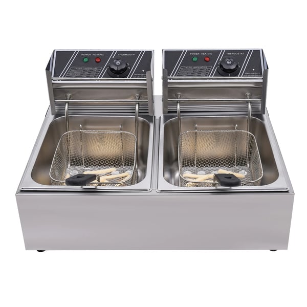 Elektrisk frituregryde, 3200W effekt, 12.7QT kapacitet, temperaturinterval 140°F-392°F, rustfrit stål konstruktion, dobbelt friturekurve