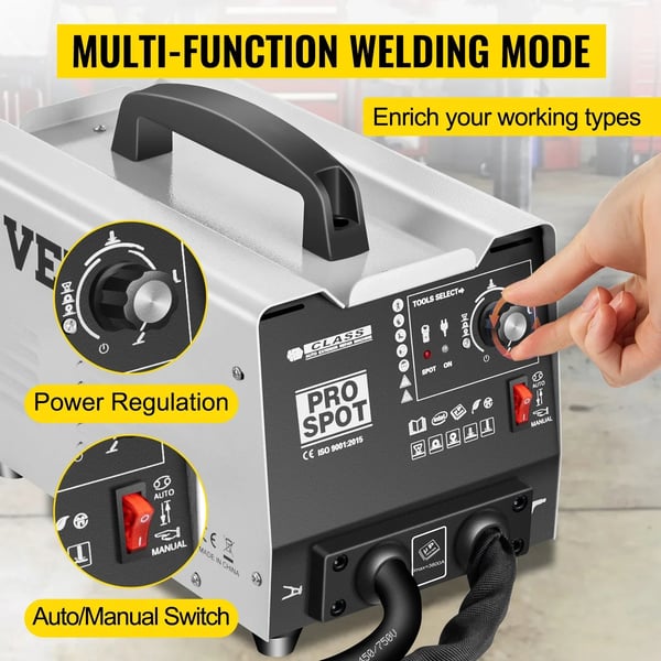 Punktsvejser, 3500A Udgangsstrøm, 2KW Effektvurdering, 220V Indgangsspænding, Kompakte Dimensioner 8" x 12,5" x 10", 6 Svejsemodes