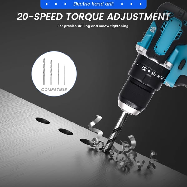 Batteridrevet boremaskine, børsteløs motor, 1350RPM tomgangshastighed,Med 1 batteri, EU