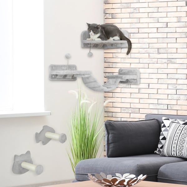 Katteshelf Sæt, Væghængt, Multi-Niveau Design,90X26X12.5 cm, Lys Grå