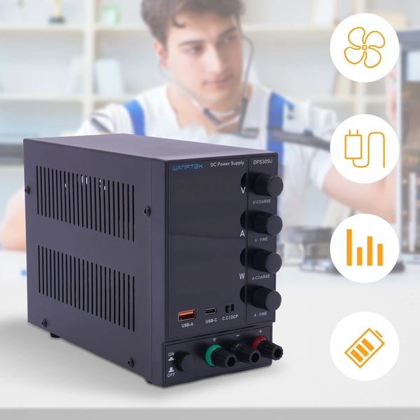 DC Strømforsyning, 30V, 10A, Dobbelt USB-porte, Automatisk CV/CC Skift, 4-cifret LED Display
