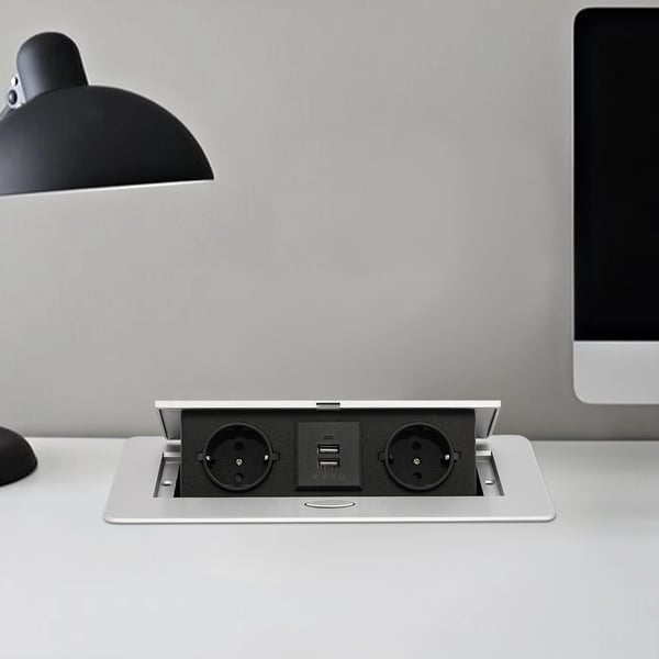 Pop-Up Stikdåse, Aluminiumlegering, USB Opladningsporte,Sølv