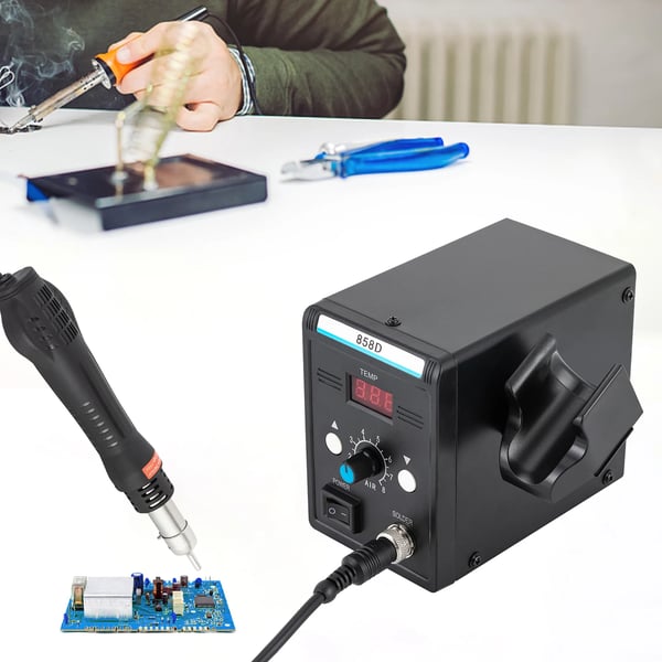 Varmluftsreparationsstation, 700W effekt, justerbar temperaturinterval 100-500°C, maksimal luftvolumen 120 L/min, støjniveau  45 db, dimensioner 15
