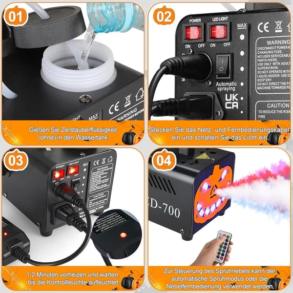 Tågemaskine, 500W, 220V, RGB-effekt, 5000-7000 CFM, Egnet til 9-16 m²