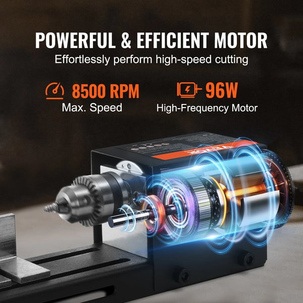 Mini puulathe, moottoriteho 96W, karanopeus 4250-8500 RPM, syöttöjännite 110V, mitat 7 tuumaa, sertifiointi CE