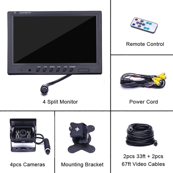 Backup kamera monitor, 4 kamera opsætning, nattevision, brugervenlige kontroller,Monitor med 4 kameraer
