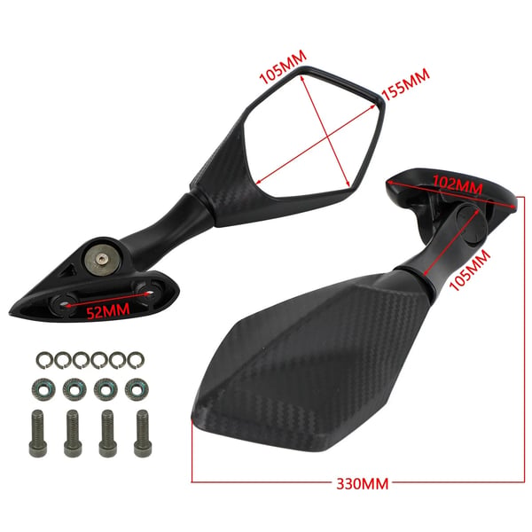 Bakspejle, Højkvalitets Plastskal, 155mm Bredde, Kompatibilitet med Yamaha YZF-R3 og YZF-R25, Kort Stamme Version, Sælges i Par