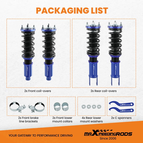Coilover affjedringskit, vare længde 63 cm, vare bredde 43 cm, vare højde 34 cm, forårsrate 8 kg/mm, bagforårsrate 5 kg/mm