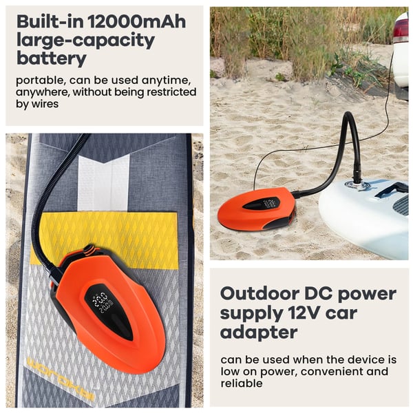 Elektrisk Luftpumpe, 12000 mAh Batteri, Digitalt LCD Display,Appelsin