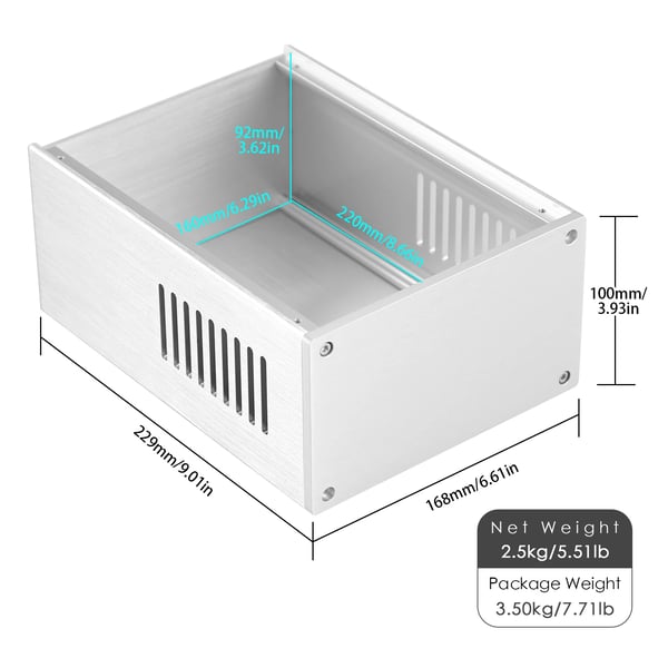 Forstærkerhus, aluminiumlegering, 168mm x 229mm x 100mm, 2,5kg, effektiv luftstrømsdesign, ideel til DIY-projekter