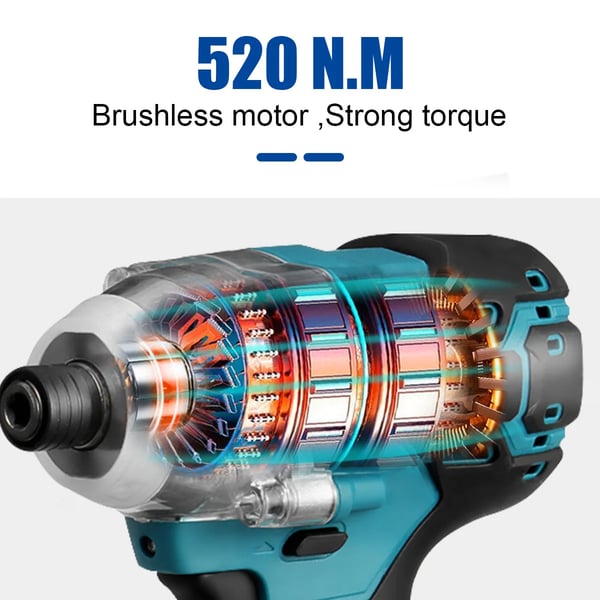 Børsteløs trådløs elektrisk skruetrækker, 520 N.M moment, 2700 RPM hastighed,2 BATTERI, EU