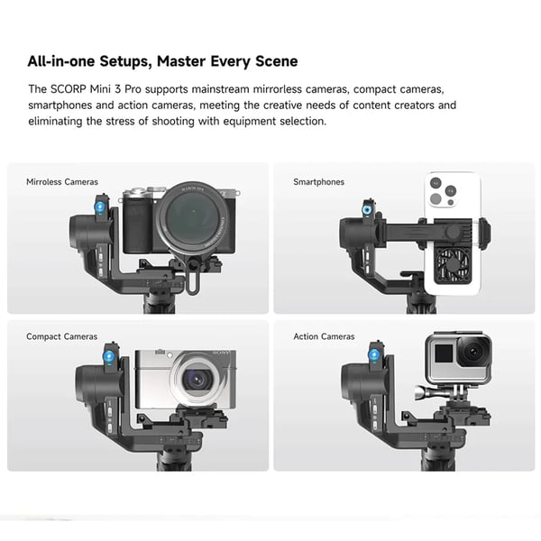 Gimbal Stabilizer, 3-Akset Stabilisering, Intelligent Sporing,SCORP Mini 3 Kit