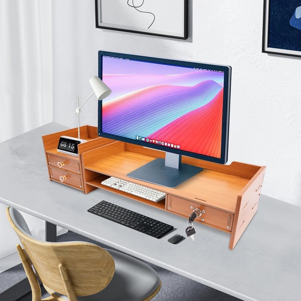 Monitorstand, MDF-materiale, Dimensioner: 48x20x13,5 cm, Samlet længde: 65,5 cm, Belastningskapacitet: 5 kg, Vægt: 2,7 kg