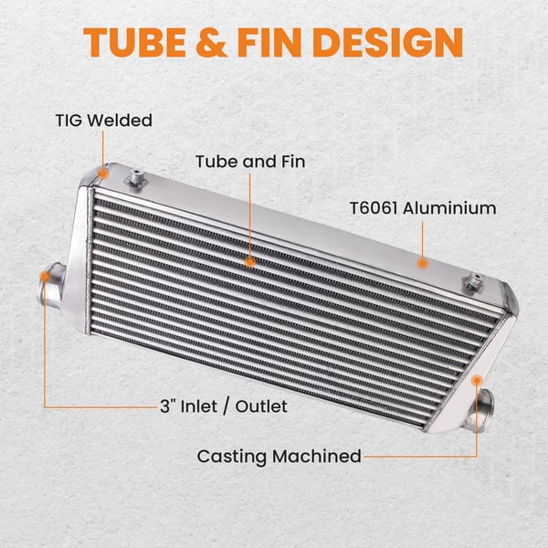 Intercooler, 3 Tommer Indløb/Udløb, Rør & Fin Kerne, Aluminium Sæt