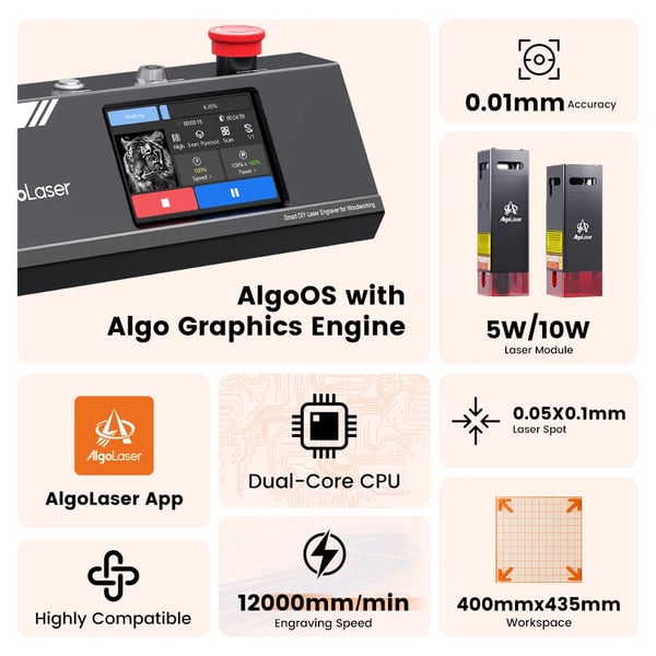 "Lasergravering og Skæremaskine, 3,5"" Touchscreen, Sikkerhedsfunktionsfunktioner,10W, ALDK-MK2 10W sæt"