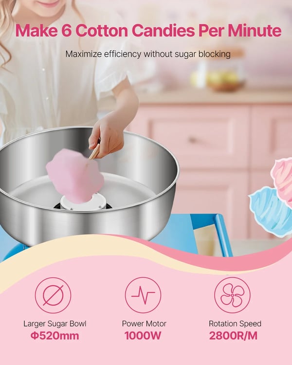 Candyflossmaskine, 1000W Effekt, Justerbar Temperaturkontrol,Blå