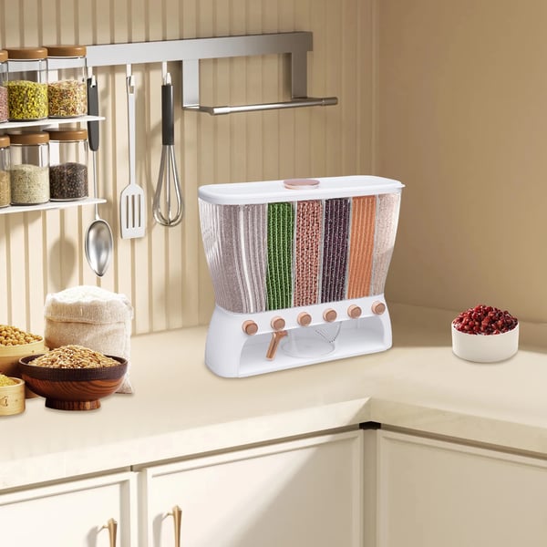 Tørfoderdispenser med 6 rum, rummer 10 kg, måler 42*16,5*36 cm, lavet af ABS, PP og PET