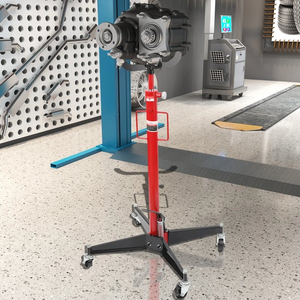 Transmission Jack, Belastningsevne 500 kg, Højde 113 - 186 cm, Materiale Værktøjsstål, Rulle Diameter 75 mm, Chassis med 4 Drejelige Hjul