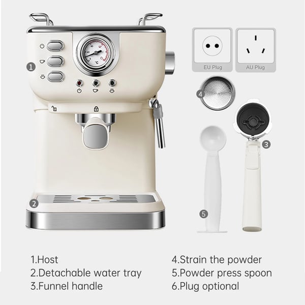 Kaffemaskine, 1050 watt, 1,5 liter, 20 bar tryk, Semi-automatisk, Kompakt design