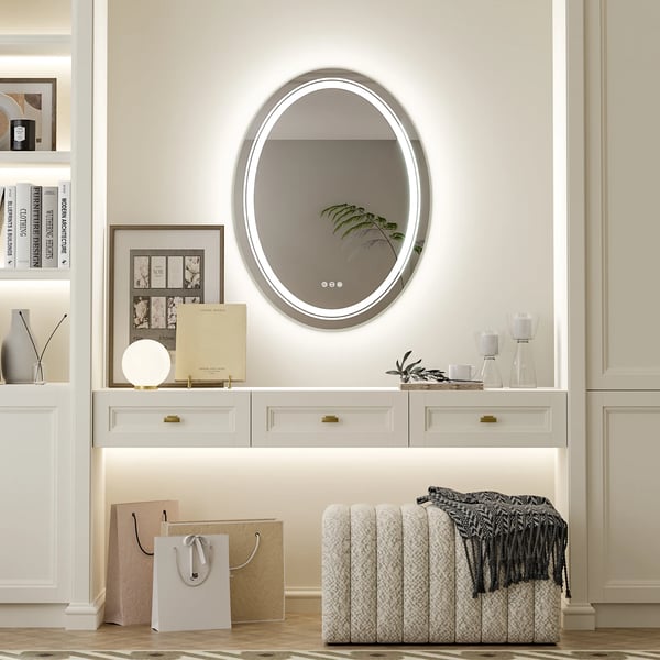 LED Oval Badeværelsesspejl, Berøringsfølsom, Anti-Dug, 23,6x31,5 tommer,Sølv
