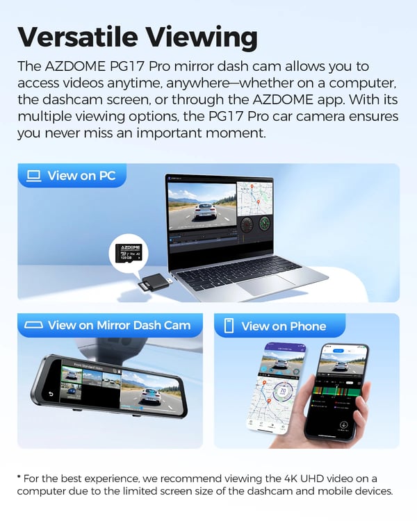 Dash Cam, 4K Opløsning, Dual HDR, NightShot Funktion,PG17 Pro, AZDOME Kort 128GB