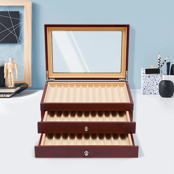 Pen Display Case, 3-lags design, rummer 34 penne,Rød