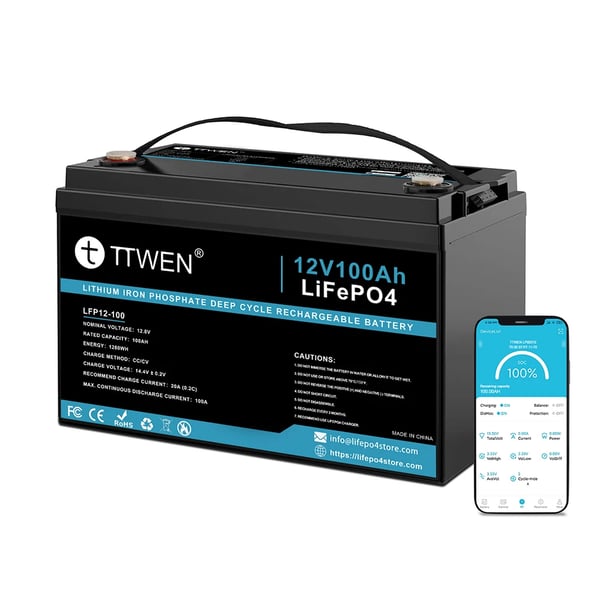 Lithiumbatteri, 12V, 100Ah, 1280Wh kapacitet, 4000+ dybe cykler, Bluetooth-funktionalitet