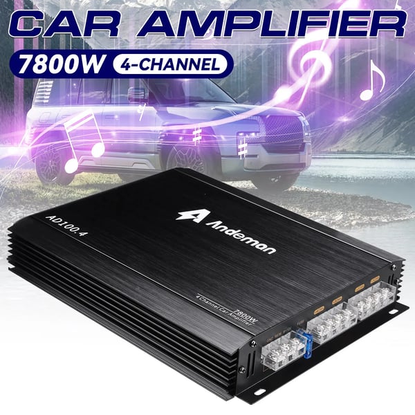 Bilforstærker, 7800W spidseffekt, 200W RMS, 12V-13.8V spænding, 27.6 x 20.6 x 4 cm dimensioner, multikanal lydkodning