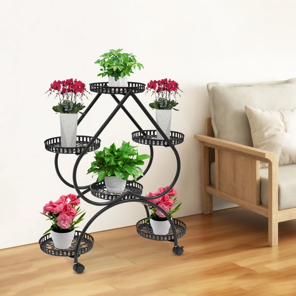 Planteholder, 6-Holder Design, Pladsbesparende Vertikal Stativ,sort