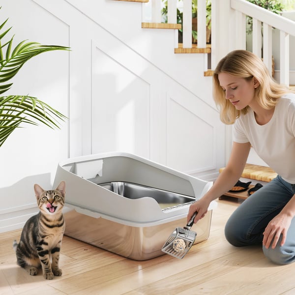 Kattlåda, Rostfritt Stål, Halvsluten Design, GRÅ