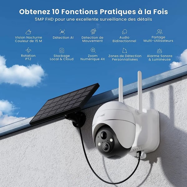 Trådløst udendørs overvågningskamera, 5MP opløsning, solcelledrevet, 9000mAh batteri, 360° bevægelsesområde, farve nattevision